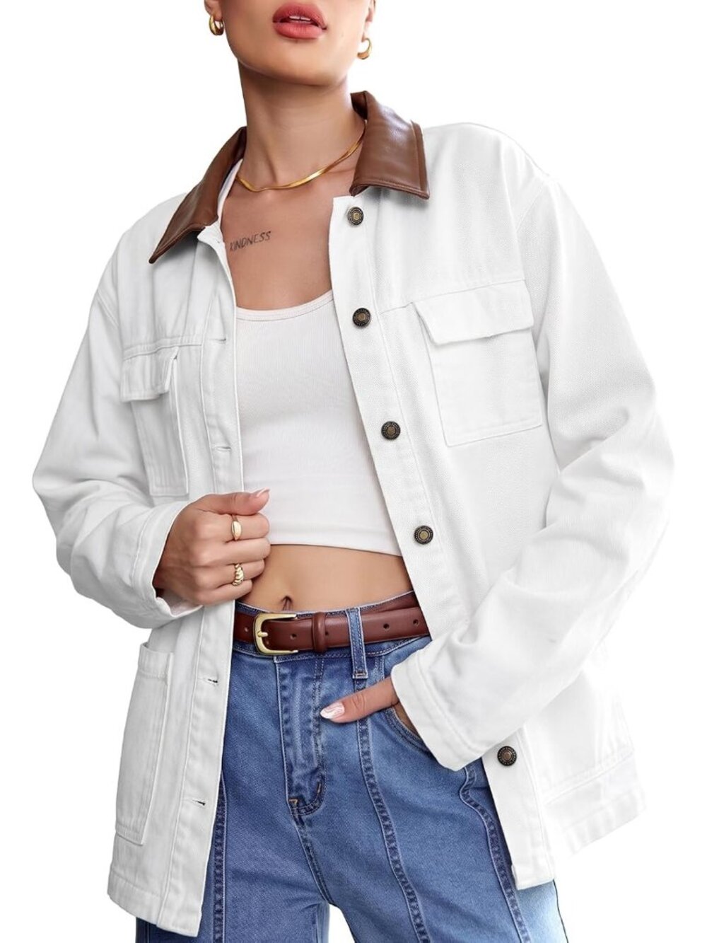 Women’s White Long Sleeve Button Down Trendy Denim Jean Jacket Shacket